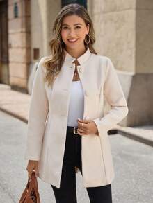 EMERY ROSE 1 件女士休闲厚领中长夹克，秋冬 - 卡其色 - 查看 3