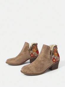 Styleloop 女士时尚刺绣杏色后拉链粗跟西部靴，踝靴，适合万圣节派对的牛仔靴 - 杏色 - 查看 5