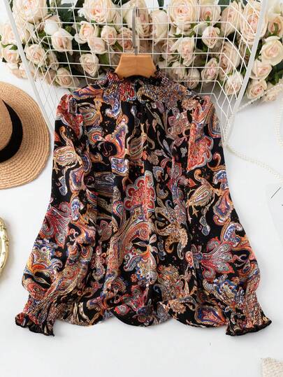 Rometta Plus Size Women's Vacation Cashew Print Loose Stand Collar Long Sleeve Fashion Shirt