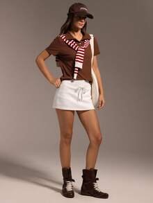 Hanevo Women's Solid Color Ribbed Polo Collar Short Sleeve Casual T-Shirt - Brown - View 4