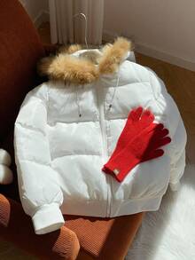 Muchica Winter Clothing Women's Halloween Sweater Gothic Clothing Fashionable Versatile Fur Collar Hooded Jacket, Winter Coat Down Jacket White Splicing Fur Collar Down Ski Suit,Fall