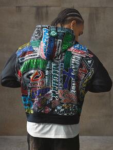 AXEPEAK Men's Autumn Letter Print Zip-Up Hoodie Sweatshirt, Streetwear, For Fall Winter