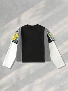 ROMWE MEN Street Life Men's Patchwork Contrast Color Print 2 In 1 T-Shirt, For Fall - Black - View 2