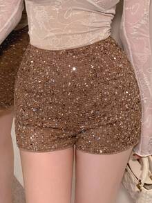 DAZY Sequin Embellished Bodycon Sexy Gold Mini Shorts For Women, Suitable For Party, Wedding, Prom New Years Women Carnival - Khaki - View 7