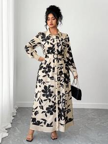 Elenzga Plus Size Women Long Sleeve Shirt Collar Dress - Multicolor - View 7