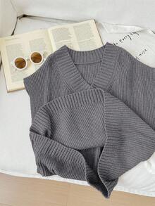 SHEIN Serisse Kids 青少年女孩休闲宽松纯色超大V领中长款毛衣背心 - 灰色 - 查看 8