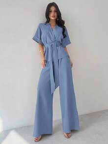 Firerie 女士优雅休闲度假通勤V领宽松收腰衬衫上衣搭配高腰阔腿裤2件套，适合春夏秋季休闲通勤套装宽松西装通勤优雅母亲节教师节工作装 - 藍色 - 查看 3