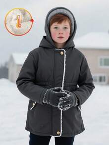 男童黑色夹克，松紧腰带，装饰性口袋，保暖内衬，时尚休闲，适合秋冬季穿着。 - 黑色 - 查看 1