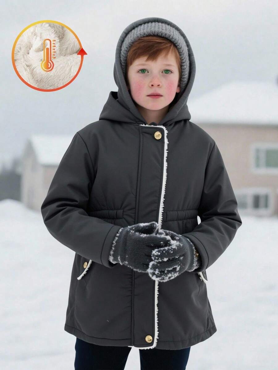 男童黑色夹克，松紧腰带，装饰性口袋，保暖内衬，时尚休闲，适合秋冬季穿着。 - 黑色 - 查看 1