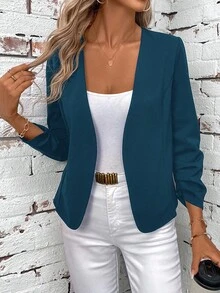 SHEIN Clasi Women's Elegant Ruffle Front Long Sleeve Versatile Black Jacket In Fall/Winter - Teal Blue - View 1