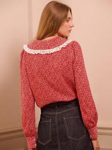 lacRébo Vintage Red Floral Print Blouse With Oversized Lace-Trim Collar And Long Sleeves Spring Women Spring Spring Summer New Year - Red - View 2