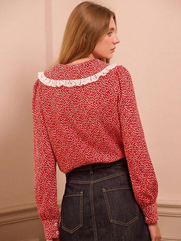 Vintage Red Floral Print Blouse With Oversized Lace-Trim Collar And Long Sleeves Spring Women Spring Spring Summer New Year