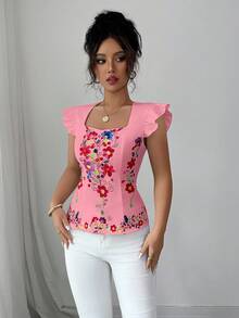 Selianne 女式花卉印花休闲衬衫，鸡心领口，飘袖 - 淺粉色 - 查看 3