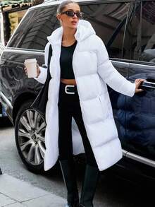 EURMUSE Long Padded Coat, Minimal Hooded Jacket, Warm Quilted Outerwear, Streetwear Essential, Zip Closure, Cozy Winter Style Long Winter Coat Women Long Puffer Coat Women White Puffer Coat Womens Hooded Puffer Coat Long Down Coat Women Womens Long Puffer Jacket Hooded Puffer Coat Women - White - View 3