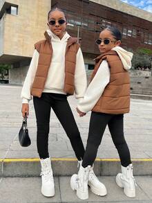 SHEIN 3 件套青少年女孩休闲无袖中式领夹棉大衣、长袖运动衫和紧身裤套装，秋冬装 - 彩色 - 查看 2