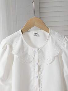 少女春秋休闲时尚蕾丝领衬衫，白色长袖纽扣衬衫，适合少女返校、春夏秋季穿着，优雅温柔，日常穿着、度假、秋冬写真皆宜。 - 白色 - 查看 4