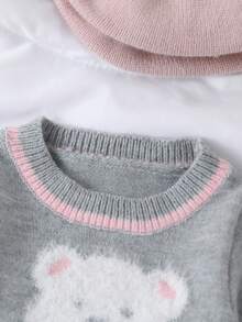 Souflis Souflis 女婴可爱熊纹理针织提花装饰圆领 A 字连衣裙，手工褶皱下摆和蝴蝶结装饰，适合外出、旅行和舒适的日常穿着 - 灰色 - 查看 3