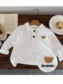 SHEIN Young Boy Solid Color Bear Graphic Polo Shirt Fall Winter - White - View 3