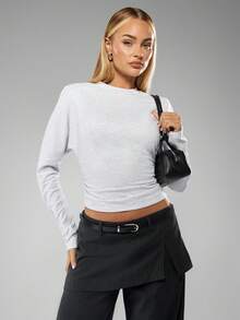 MISSGUIDED 女式落肩长袖褶饰腰部收褶上衣 - 淺灰色 - 查看 5