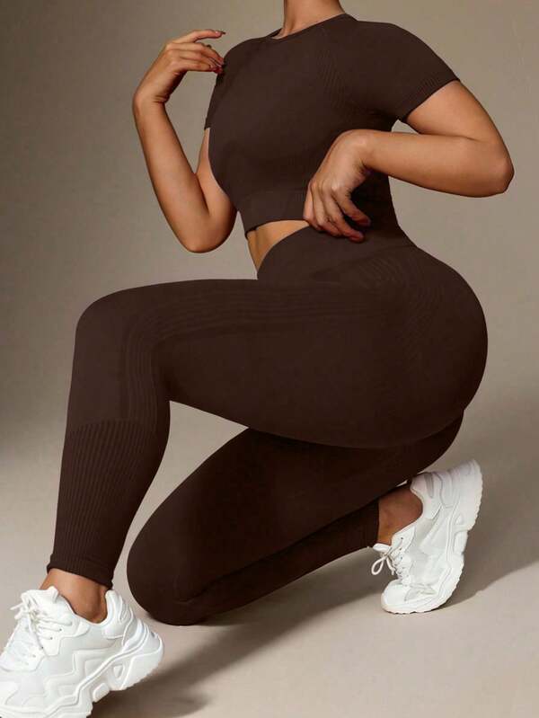 Rhythm Era Plus Size Women Solid Color Short Sleeve Cropped T-Shirt And Leggings Sports Suit Brown Activewear Set