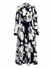 SHEIN Clasi Elegant Casual Loose Tie Waist Large Floral Print Design Women Dress