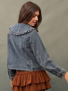 WESTFADE Áo khoác jean denim cao cấp 93% cotton thêu hoa cổ bèo nhún, thường ngày, dễ thương, mùa thu, mùa đông, phong cách Boho, trang phục phương Tây dành cho nữ, hòa nhạc đồng quê - Rửa trung bình - Xem 2