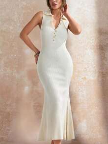 CLARA VERO 女士高领金色纽扣修身毛衣裙罗纹针织中长款优雅