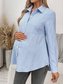 SHEIN 秋装，秋季服装，孕妇装秋冬装孕妇条纹长袖单排扣休闲百搭衬衫棉质孕妇衬衫 - 藍色 - 查看 7