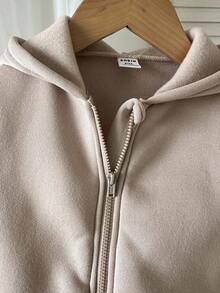 معطف أطفال بنات كاجوال أحادي اللون مبطن حراريًا مزود بغطاء رأس وسحاب، مناسب للخريف/الشتاء - كاكي - مشاهدة 4