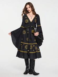 ROMWE EDITION 2pcs/Set Casual Vacation Mysterious Star & Moon Embroidery Top And A-Line Skirt Set For Women - Black - View 1