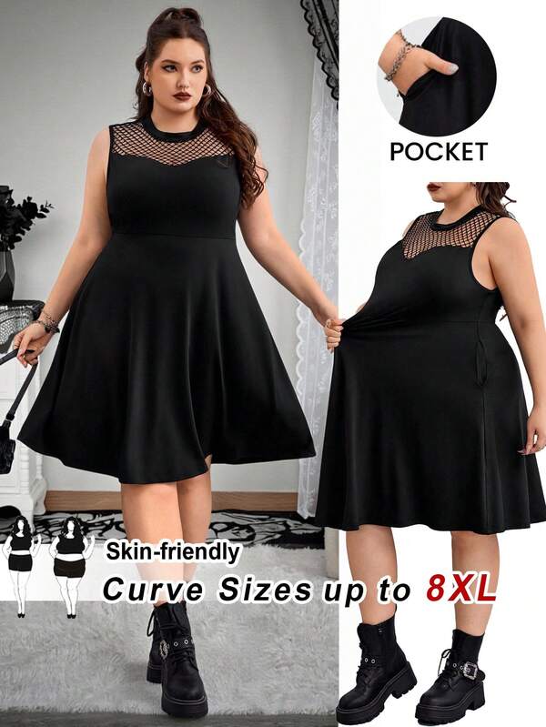 SHEIN CURVE+ Curves Plus Size/Chool Clothes/Back To School Clothes /Back To SchoolPlus Size Women's Round Neck Sleeveless Mesh Patchwork A-Line Dress, Y2K Punk Goth Halloween Style With Pockets Plus Size Black Dress Plus Size Cocktail Dress Black Mesh Dress Plus Size A Line Dress Black A Line Dress/Autumn /Winter
