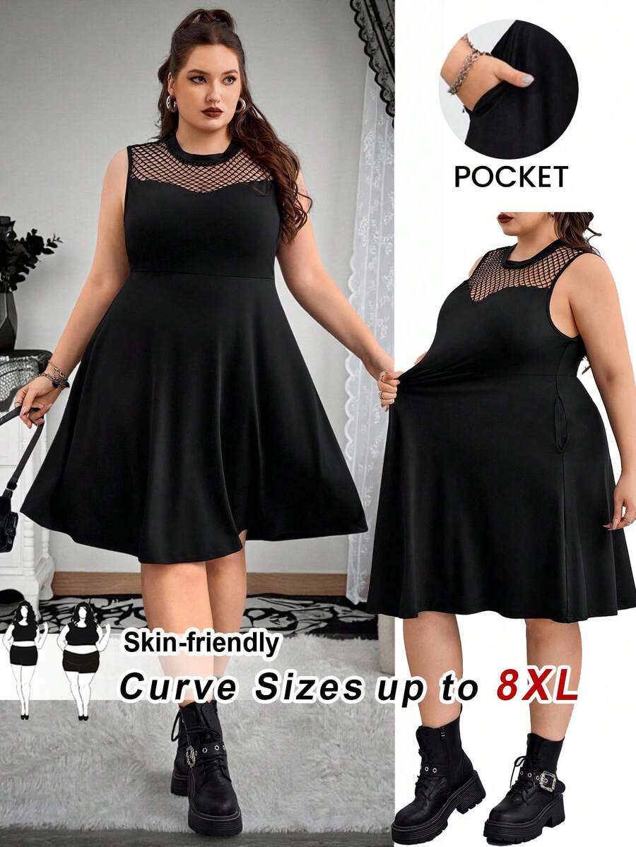 SHEIN CURVE+ Plus Size Elegant Black Mesh Patchwork A-Line Dress Sleeveless Round Neck, Fall Winter 2026 22W - Black - View 1