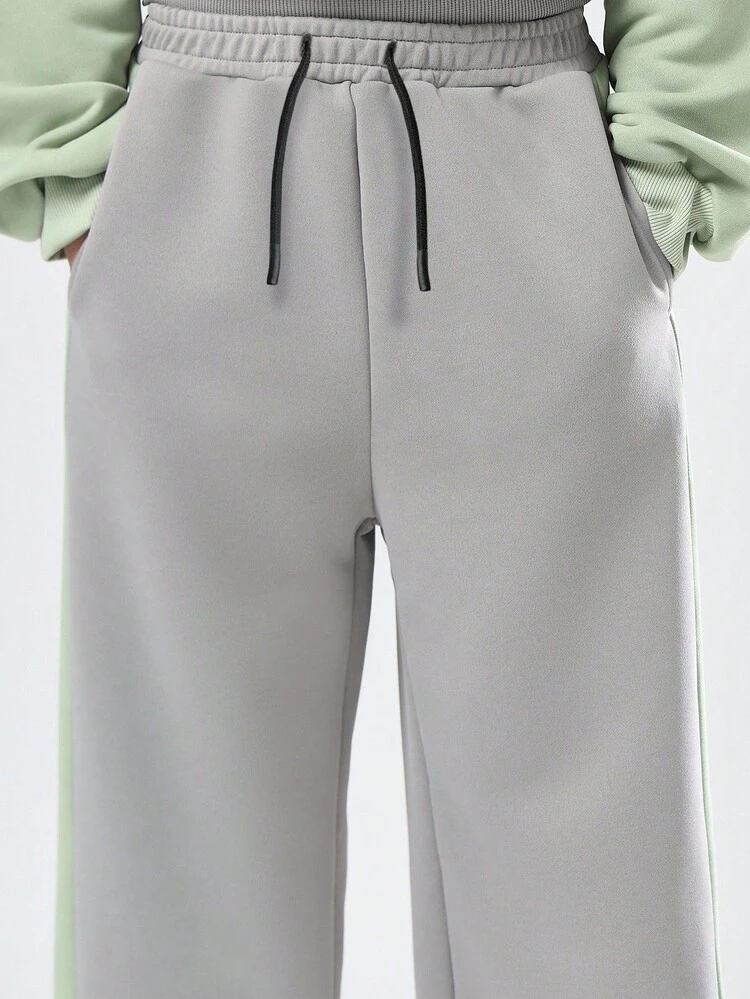 Color Block Sweatshirt And Wide Leg Pants Set With Brooklyn Text