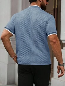 Manfinity Homme 男士休闲纹理撞色边短袖 Polo 衫，夏季男士浅蓝色上衣男士休闲上衣男士纹理上衣男士夏季衬衫浅蓝色衬衫男士，Old Money 风格 - 孔雀藍 - 查看 2