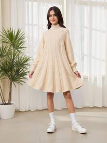 SHEIN Teenage Girls' High Neck Long Sleeve Waist Cinched V-Neck A-Line Knit Dress, Autumn/Winter