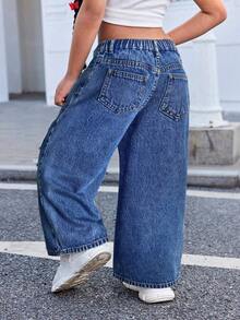 SHEIN 年轻女孩 Y2K 休闲蓝色破洞宽松牛仔裤，女童春夏休闲度假流浪汉牛仔裤