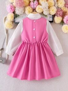2pcs/Set Young Girls Sleeveless Dress With Cute Pink Floral Decor, Paired With White Long Sleeve Basic Shirt Undershirt Fall Winter - Pink - View 2