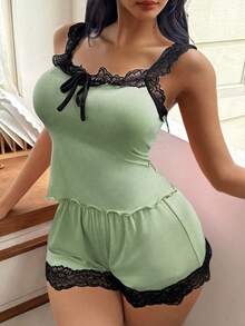 SHEIN 2件套女士蕾丝花边吊带背心和短裤睡衣套装 - 綠色 - 查看 3
