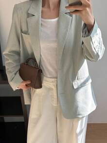 DAZY 女士宽松纯色翻领休闲街头复古风长袖外套，秋冬商务装 - 灰色 - 查看 3