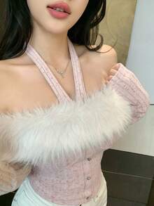 DAZY Women's Blush Pink Autumn Chic Party Top,Fuzzy Brushed Collar Textured Striped Cropped Long Sleeve T-Shirt, Off Shoulder Backless Metal Button - Pink - View 1