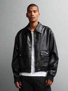 SUMWON Luxury Harrington Bomber Jacket With Patch Pockets Modern Casual Outerwear Fall Winter Transitional Zip Up Ribbed Collar - Black - View 6