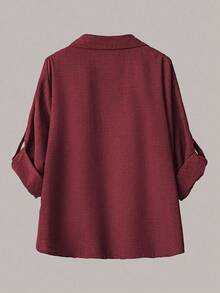 Linhara Ensemble 2 pièces décontracté pour femmes grandes tailles, chemise décontracté/de travail à col rabattu boutonnée d'une seule rangée de couleur unie et pantalon large à taille haute ample - Rouge foncé - Voir 5
