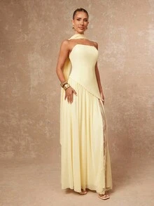 Lumalex Robe moulante avec encolure ras-du-cou et dos nu avec un corsage en maille fluide pour femmes