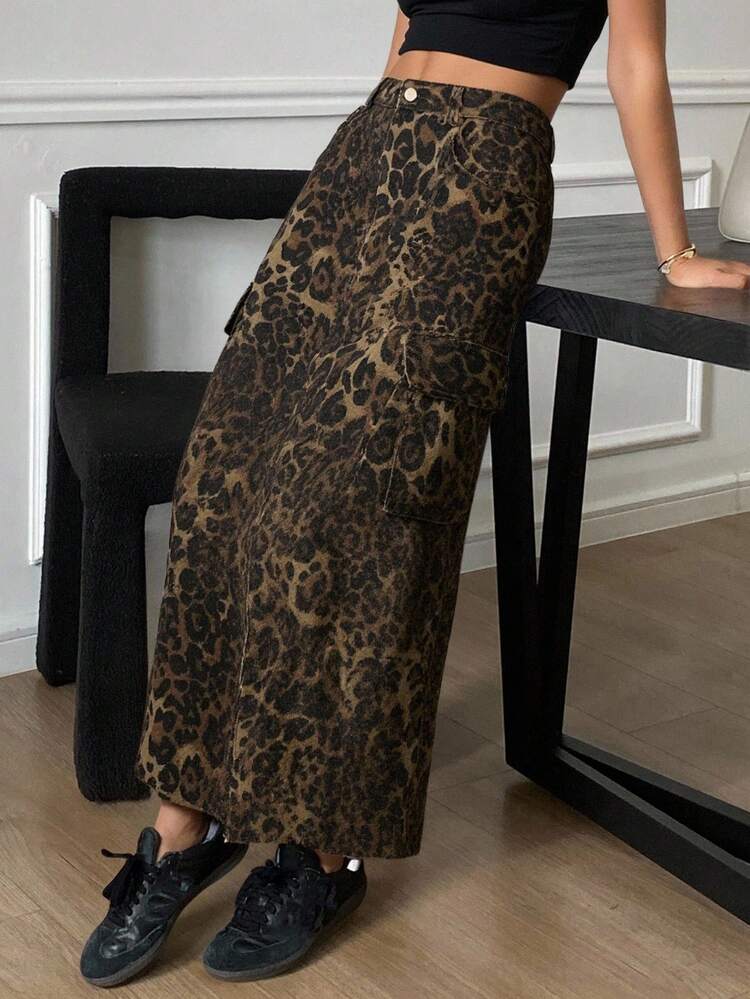 Autumn/Winter Casual Straight Brown Leopard Print Women Denim Skirt