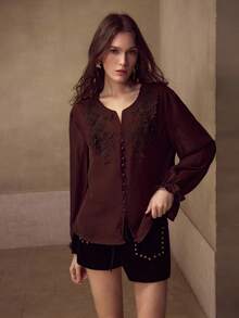 MOTF PREMIUM CHIFFON APPLIQUES BLOUSE - Brown - View 4