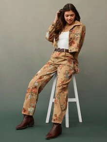 WESTFADE Collared Button Front Western Seamed 100% Cotton Denim Flower Print Jacket Boho, Fall, Autumn, Winter, Country Concert - Brown - View 3