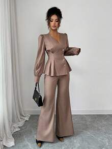 Elenzga Bộ 2 món thanh lịch cho nữ, áo sơ mi tay bồng xếp ly viền đơn màu trơn và quần ống loe - Cà phê nâu - Xem 4