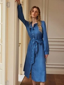 Écloséra 秋冬女士百搭通勤圆领长袖束腰压花面料中长连衣裙 - 藍色 - 查看 4