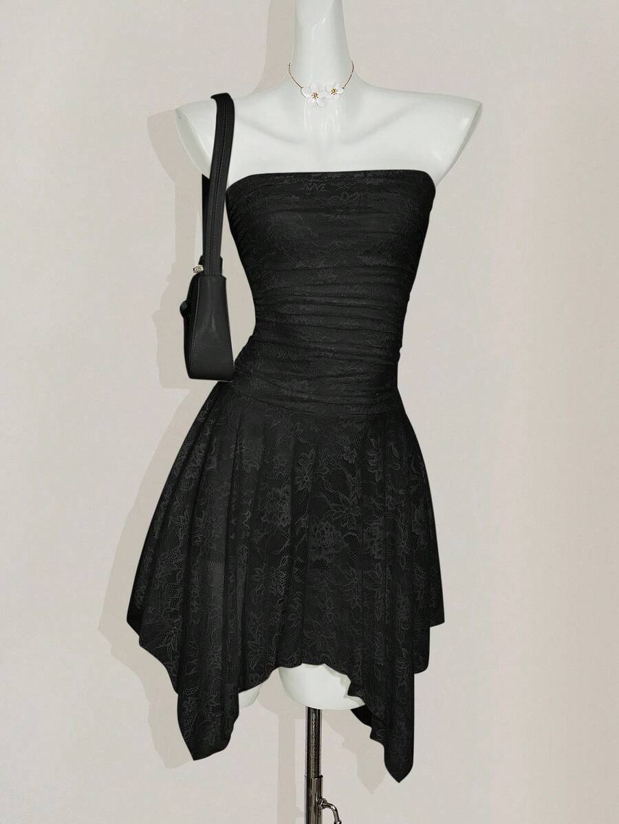 SHEIN ICON Lace Ruched Asymmetrical Hem Bandeau Mini Dress,Dresses For Women Party - Black - View 1
