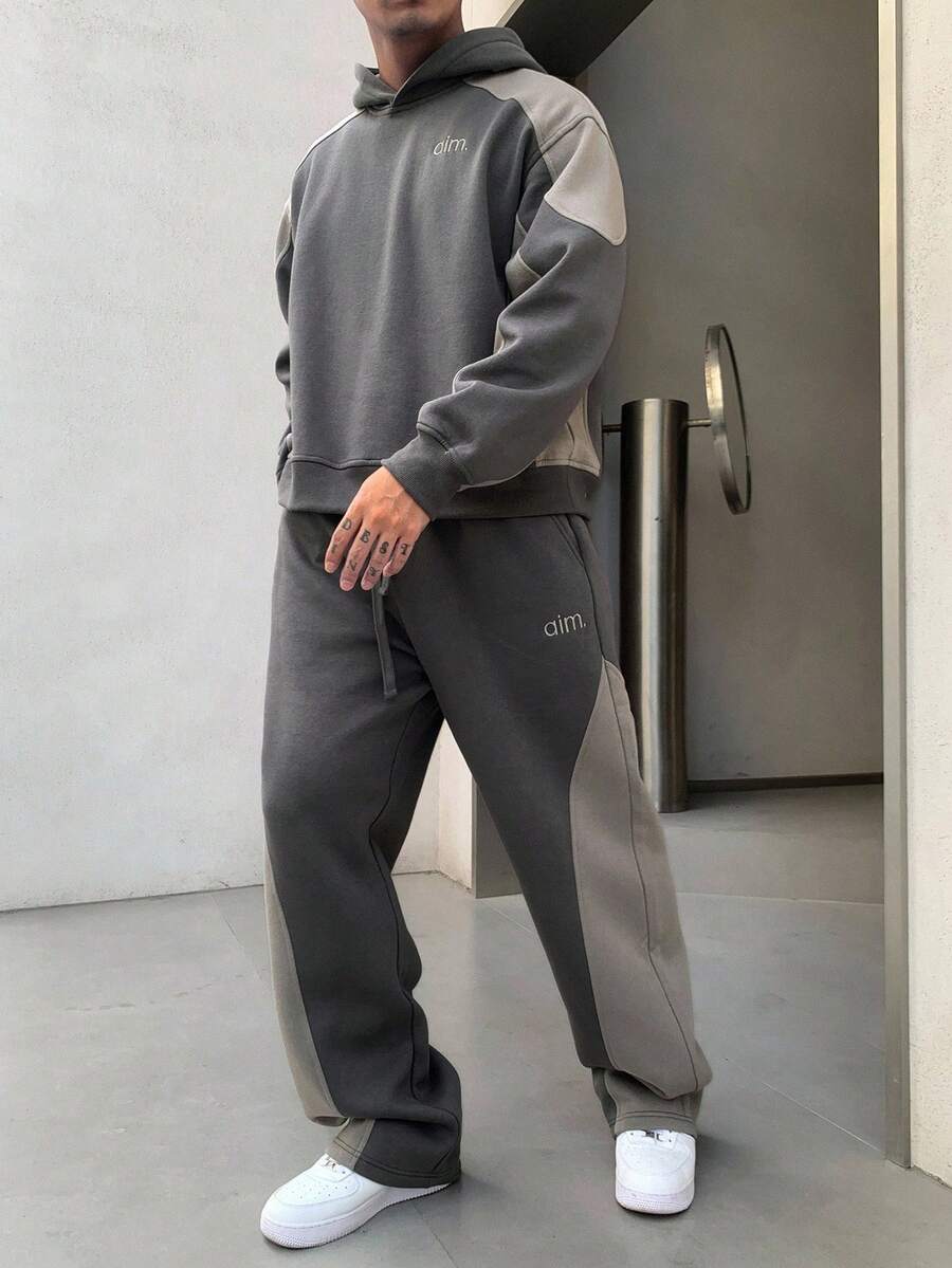 DAZY 男士秋季连帽衫和裤子套装,撞色拼布和字母刺绣,保暖内衬,舒适服装 - 灰色 - 查看 1